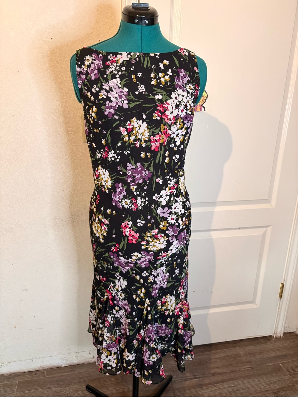 Chaps Black Floral Sleeveless Midi Dress with Ruffle Hem